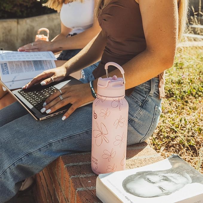 BOTTLE BOTTLE 32oz Insulated Water Bottle Stainless Steel Sport Water Bottle with Straw Dual-use Lid Design for Gym with Pill Box (pink flower)