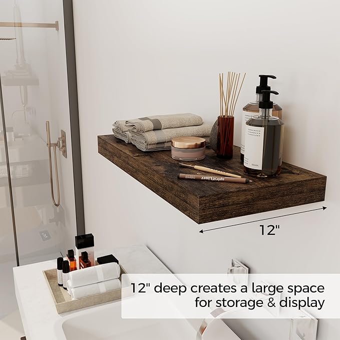 12 Inch Deep Floating Shelves, 24 x 12 Floating Shelf for Books, Rustic Wood Deep Wall Shelves for Home Storage & Display, 2" Thicked Shelves for Kitchen, Living Room, Bedroom, Rustic Brown, 2 Pack