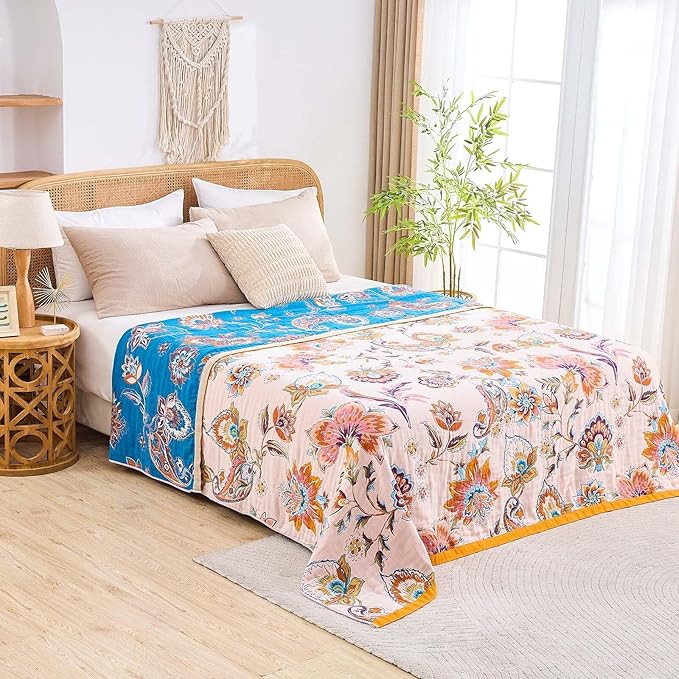 Boho Throw Blanket for Bed, 100% Cotton Soft Rustic Quilt Fall Blanket, 80"x90" Floral Printed Farmhouse Decor Bed Blankets, All Season Rustic Reversible Bohemian Throw Quilt