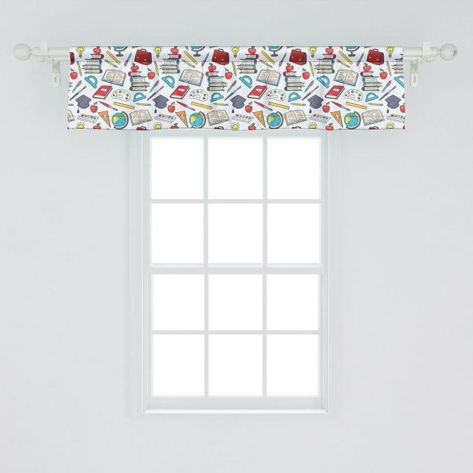 Ambesonne Science Window Valance Pack of 2, Elementary Theme Student Supplies Globe Paints and Brushes Books, Rod Pocket Curtain Valances for Kitchen Bedroom, 54" X 12", Blue Red