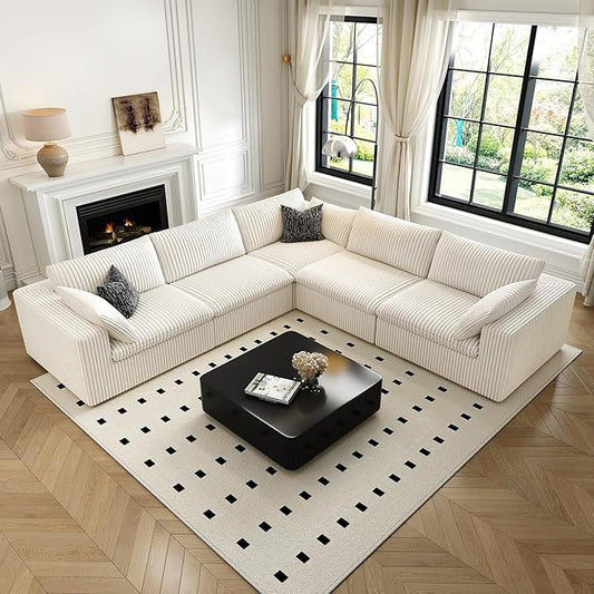 118" Cloud Couch Oversized Modular Sectional Sofa for Living Room,Modern Sofa with Deep Seat，V Shaped Boneless Couch,Comfy Upholstered Corduroy Couches for Apartment, Studio, Office,Bedroom，White