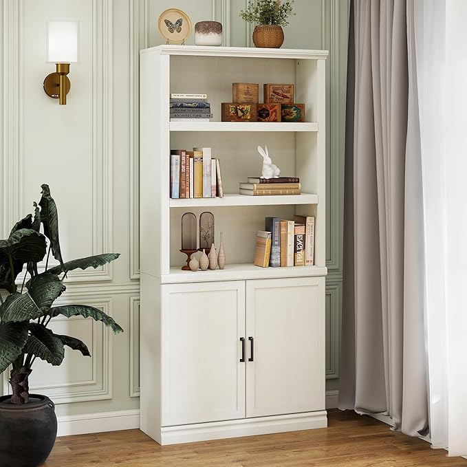 70 Inch Tall Bookcase with Doors, Library Office Bookshelf with Adjustable Shelves, Floor Standing Storage Cabinet for Bedroom Living Room Organizer with Anti Tipping Kit, Soft White Finish