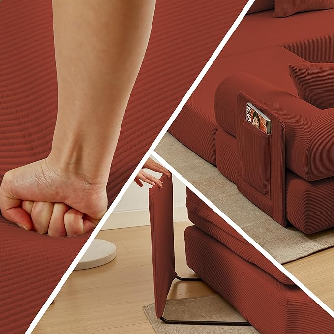 107" Oversized Convertible Sleeper Sofa Bed, Corduroy L Shape Sectional Couch, Folding Sofa Bed with Side Pocket, Modern Cloud Floor Mattress Couch, Modular Sofa for Living Room, Red