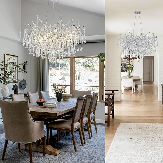 Branch Chandeliers Lights,8-Light Modern Crystal Chandelier Raindrop Luxury Chandelier Light Fixture for Dining Room Living Room,Kitchen Island D23.6in Farmhouse Chandelier
