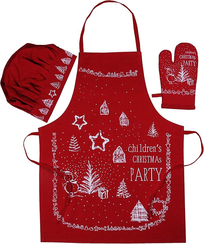 AMOUR INFINI 100% Cotton Christmas Party 3-Piece Kitchen Set| Kid's Aprons, Oven Mitts, and Chef Hats| Kitchen Play,Cooking,Grilling,Baking,Thanksgiving, for Girls, Boys & Junior Chefs