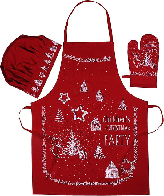 AMOUR INFINI 100% Cotton Christmas Party 3-Piece Kitchen Set| Kid's Aprons, Oven Mitts, and Chef Hats| Kitchen Play,Cooking,Grilling,Baking,Thanksgiving, for Girls, Boys & Junior Chefs