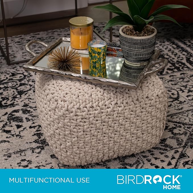 BIRDROCK HOME Square Pouf Ottoman | Cotton Braided Foot Stool with Bean Bag Filling | Boho Foot Rest for Living Room, Bedroom | Compact & Comfortable Seating, Lightweight & Sturdy | Natural
