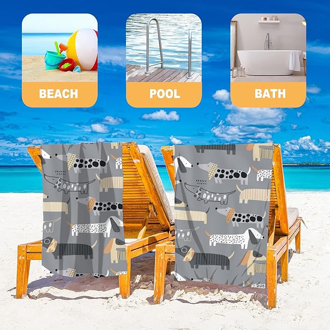 Beach Towel Oversized, Cute Dachshund on Grey Microfiber Beach Towels, Lightweight, Absorbent, Quick Dry, Sand-Free Beach Blanket, Unique and Ideal Gift for Camping, Pool,Yoga, 29.5” X 59”