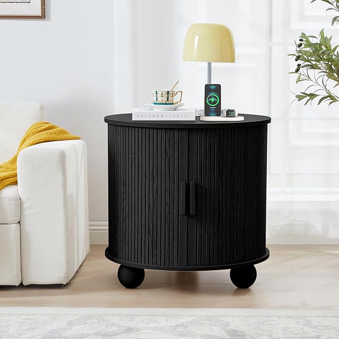 AVZEAR 24" Large Round End Table with Charging Station, Farmhouse Fluted Sofa Side Table with Sliding Tambour Door & Storage, Mid-Century Wood Nightstand for Living Room, Bedroom, Black