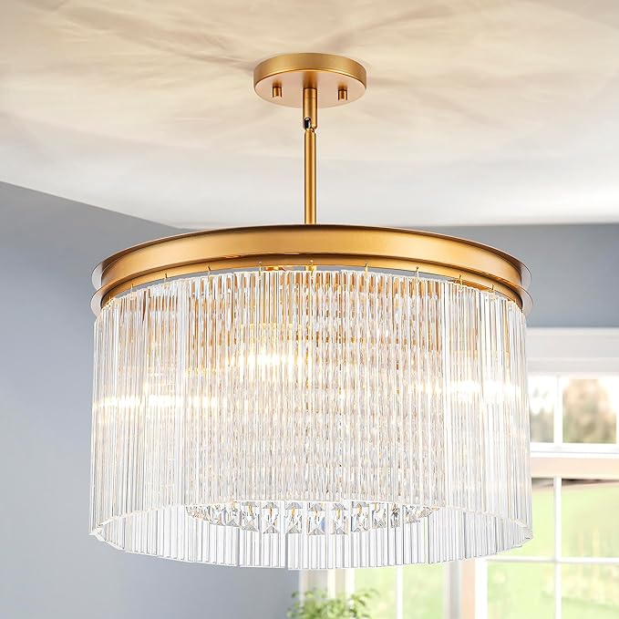 4-Lights Drum Glass Chandelier, Modern Style Light Fixture for Dining Room, Bedroom, Ripple Glass Shade & Brass Finish, D16.5 * H18~48 inch (Adjustable Height)