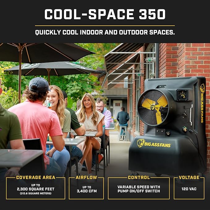 Big Ass Fans - Cool-Space 350 - Portable Evaporative Swamp Cooler, Indoor and Outdoor Use, 16 Gallon Capacity, Variable Speed for Ultimate Cooling in Workshops and Garages