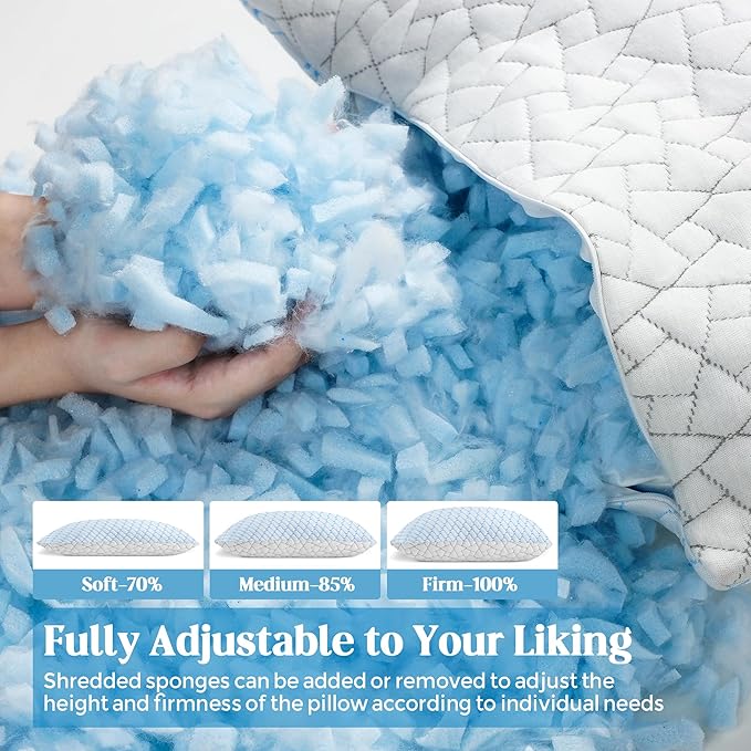 Bafode Memory Foam Pillows Queen Size Set of 2 Cooling Bed Pillow 2 Pack Shredded Memory Foam Pillow for Sleeping 20x30