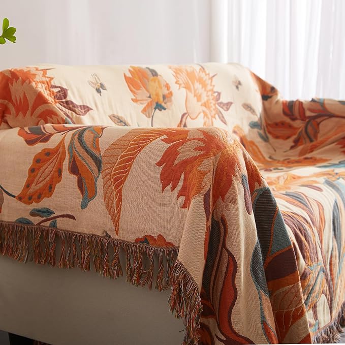 Boho Throw Blanket for Couch Sofa Bed, 100% Cotton Woven Quilt with Tassel 80”x90”, Super Soft Muslin Blanket with Floral Printed, Decorative Reversible Bed Blanket/Cover for All Seasons