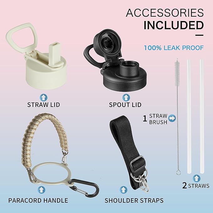 32oz Insulated Water Bottle with Paracord Handles & Strap, 2 Lids(Straw Lid&Spout Lid), Stainless Steel Reusable Wide Mouth Metal Water Bottle With Straw, Double Walled, Thermo Mug,（White Leoqard)