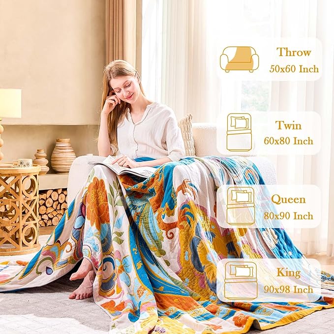 Boho Throw Blanket, Lightweight Blankets for Summer, 100% Cotton Bohemian Decorative Throw Blanket, 50"x60" Reversible Muslin Breathable Woven Farmhouse Blankets Quilt,