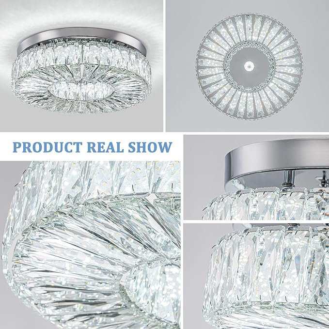 16.5 Inch Dimmable Chandelier with Remote Control LED Crystal Chandelier Modern Flush Mount Ceiling Light Fixtures for Living Room Bedroom Dining Room Entrance (dimmable-16.5")