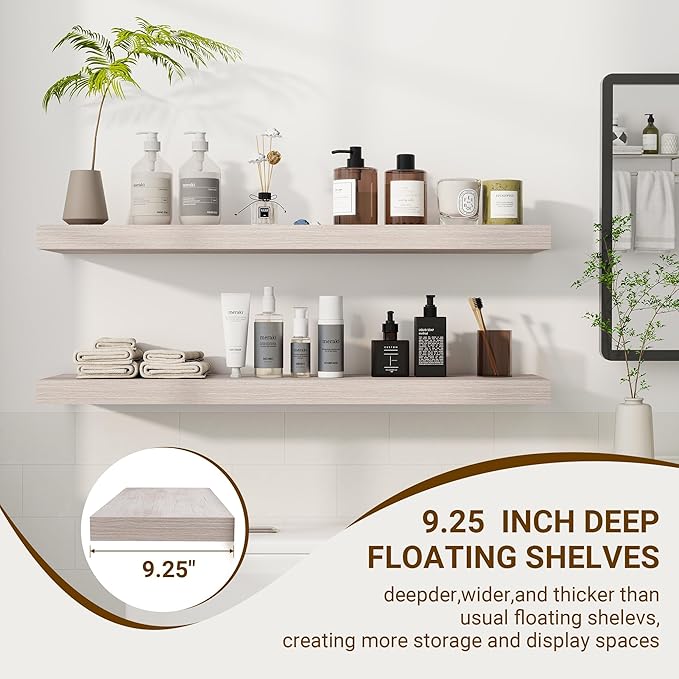 36 Inch Floating Shelves, 3D Textured Wood Grain, 36"x9.25"x1.5" Inch Deep Floating Shelves for Wall, Wooden Shelves for Bathroom, Bedroom, Living Room, Washed White