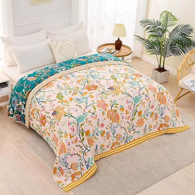 Boho Throw Blanket for Bed, 100% Cotton Soft Rustic Quilt Fall Blanket, 60"x80" Floral Printed Farmhouse Decor Bed Blankets, All Season Rustic Reversible Bohemian Throw Quilt