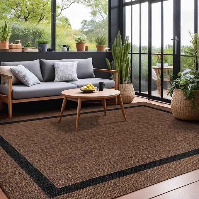 Bordered Outdoor Rug 5x7 Washable Outside Carpet for Indoor Patio Porch Waterproof Easy Cleaning Non Shedding Area Rugs Nut Brown - Black 5 x 7