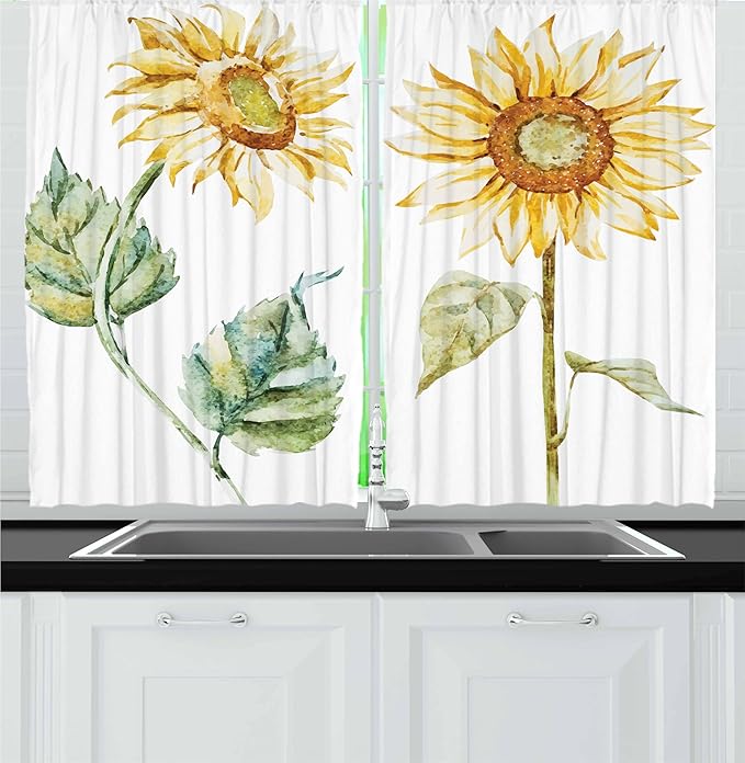 Ambesonne Watercolor Kitchen Curtains, Alluring Sunflowers Summer Inspired Design Agriculture, Window Drapes 2 Panel Set for Kitchen Cafe Decor, 55" x 24", Yellow Green