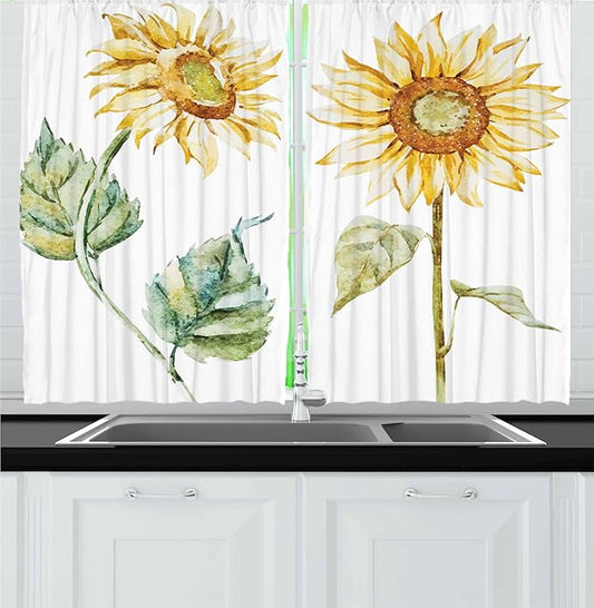 Ambesonne Watercolor Kitchen Curtains, Alluring Sunflowers Summer Inspired Design Agriculture, Window Drapes 2 Panel Set for Kitchen Cafe Decor, 55" x 24", Yellow Green