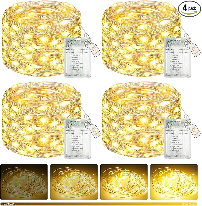 btfarm 4 Pack Fairy Lights Battery Operated with Timer, 16.4 FT 50 LED Twinkle String Lights 8 Modes Dimmable Waterproof Silver Wire for Indoor Bedroom Christmas Party Wedding Decorations, Warm White