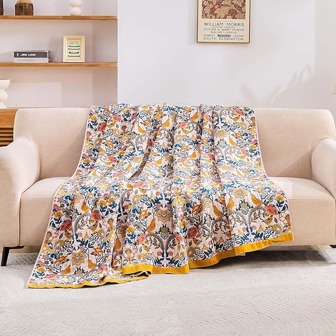 Boho Blanket Throw Quilt, 100% Cotton Soft Light Weight Throw Blankets for Summer, 90"x98" Farmhouse Flower Decorative Blankets, All Season Rustic Reversible Bohemian Throw Quilt