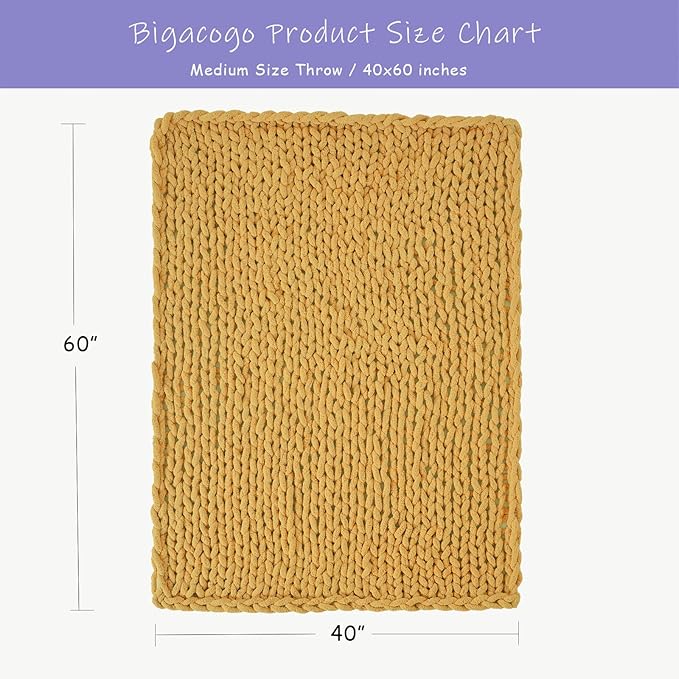Bigacogo Chunky Knit Throw Blanket for Couch, 40x60 inches, 100% Hand Knitted with Thick Jumbo Chenille Yarn, Cozy Soft Large Rope Knot Cable Crochet Blankets for Sofa Bed Living Room, Mustard Yellow
