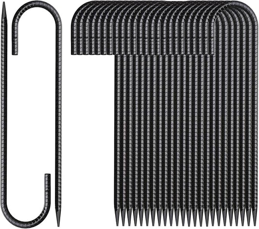16 Inch Rebar Stakes J Hook 26 Pack Ground Stakes Heavy Duty Tent Stakes with Chisel Point End Chain Link Fence Stakes Galvanized Steel Ground Anchors Metal Spikes Black Coated