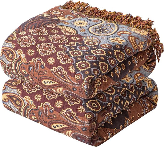 Boho Throw Blanket for Couch Sofa Bed, 100% Cotton Woven Quilt with Tassel 80”x90”, Super Soft Muslin Blanket with Patchwork Printed, Decorative Reversible Bed Blanket/Cover for All Seasons