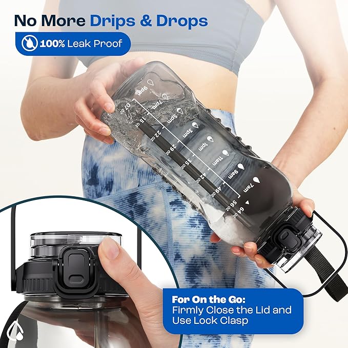 AQUAFIT 64 oz Water Bottle with Time Marker - 2in1 Straw & Chug Lid - BPA Free Big Water Bottle with Straw - Gym Water Bottle with Strap - Water Jug (64 Ounces, Purple Haze)