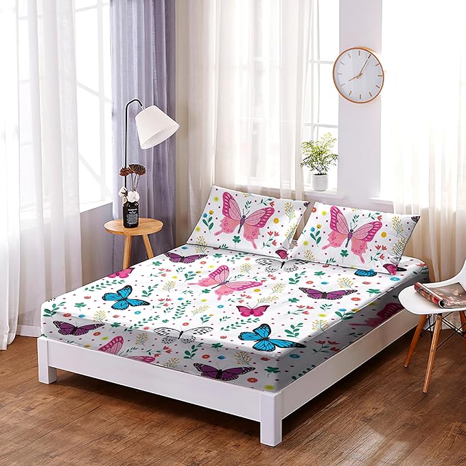 Butterfly Fitted Sheet Set for Kids Girls Teens Colorful Flowers Leaves Bed Sheet Queen Size 3D Print Dreaming Style Sheet Set 3 Piece