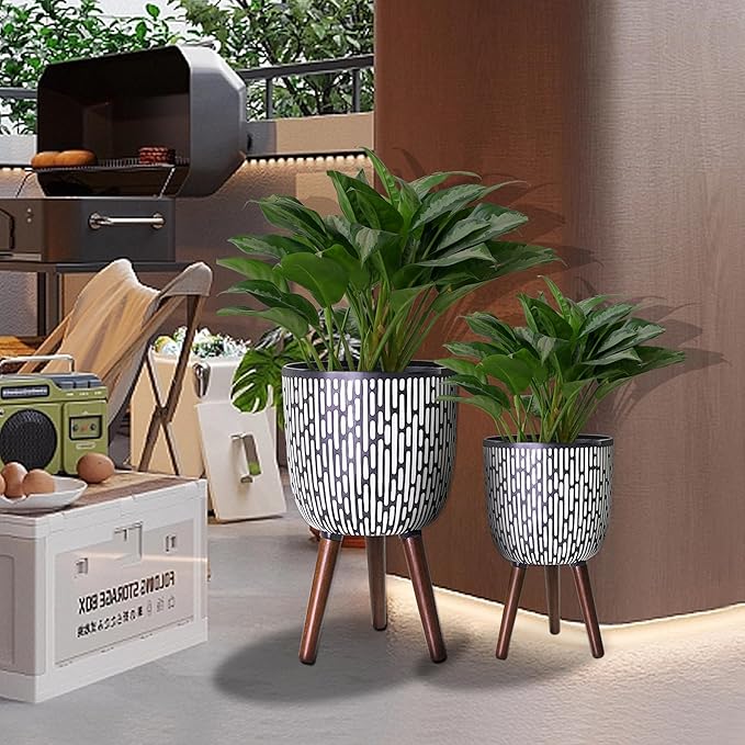 2 Set Plant Pot with Stand 10 & 12 inches, Mid-Century Large Planter with Legs for Indoor Plants, Boho Print Standing Plant Pot with Drainage Plug for Monstera, Herb, Succulent Flower Pot