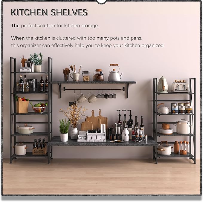 4NM No Assembly Foldable Bookshelf, 5-Shelf Collapsible Bookcase Storage for Small Spaces, 62.2" H, Gray and Black