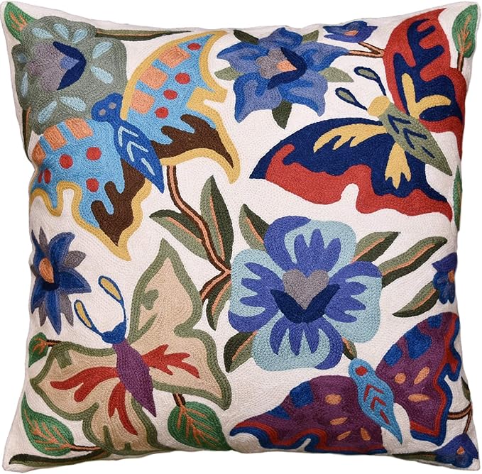 Butterfly Floral Decorative Pillow Cover Moth Botanical Flower Pillowcase Couch Hand Embroidered Flowery Outdoor Cushion Chair Suzani Accent Wool 18x18 Inch