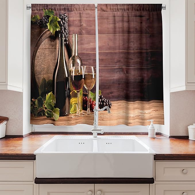 Ambesonne Wine Long Kitchen Curtains, Still Life of Wine with Wooden Keg Rustic Concept Tasting Viticulture, Two Panels Drapes with Rod Pocket Room Decor, 55" x 45", Brown Green