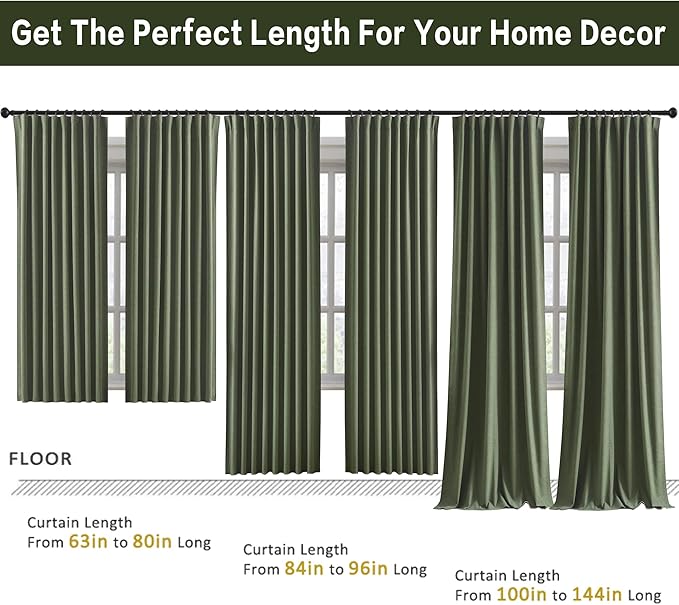 102 Inch Long Linen Blended Blackout Curtains 2 Panels, Back Tab Pleated Look Drapes for Track System with Hooks, Noise Reducing Country Blackout Winodw Curtains 50x102-Loden/Olive Green
