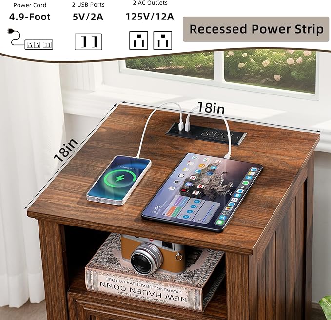 18" Farmhouse Night Stands Set of 2 with Charging Station, 2 Drawers End Table Dresser for Bedroom, Brown Wooden Nightstand, Bed Side Table with Open Shelf, Bedside Cabinet for Living Room