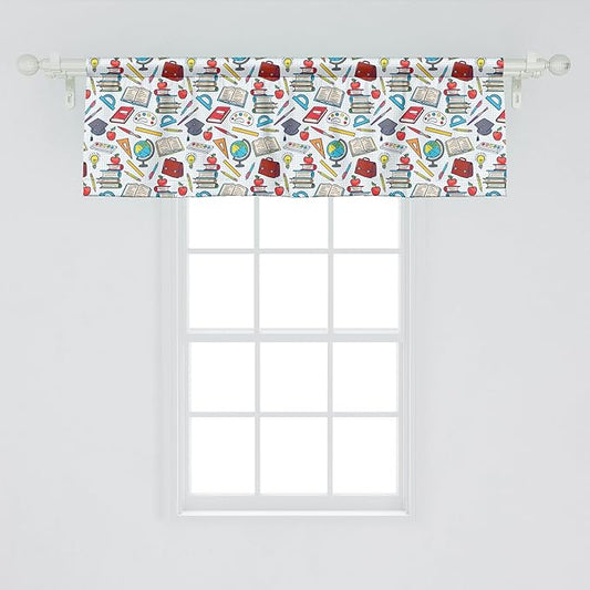 Ambesonne Science Window Valance, Elementary Theme Student Supplies Globe Paints and Brushes Books, Curtain Valance for Kitchen Bedroom Decor with Rod Pocket, 42" x 18", Multicolor