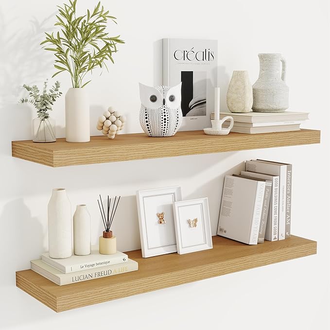 36 Inch Floating Shelves, 9.3 Inch Deep Rustic Wall Shelves - Extra Deeper Wall Mounted Storage Shelves for Bathroom, Kitchen, Living Room (Oak, Set of 2)