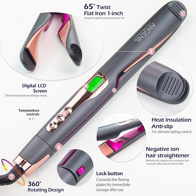 ANGENIL Pro Twist Ceramic Flat Iron 1 Inch, Dual Voltage Hair Straightener and Curler 2 in 1, Multi-Stylers Round Flat Iron Hair Curling Iron, Fast Heating LCD Display, 11 Adjustable Temp (250℉-450 ℉)