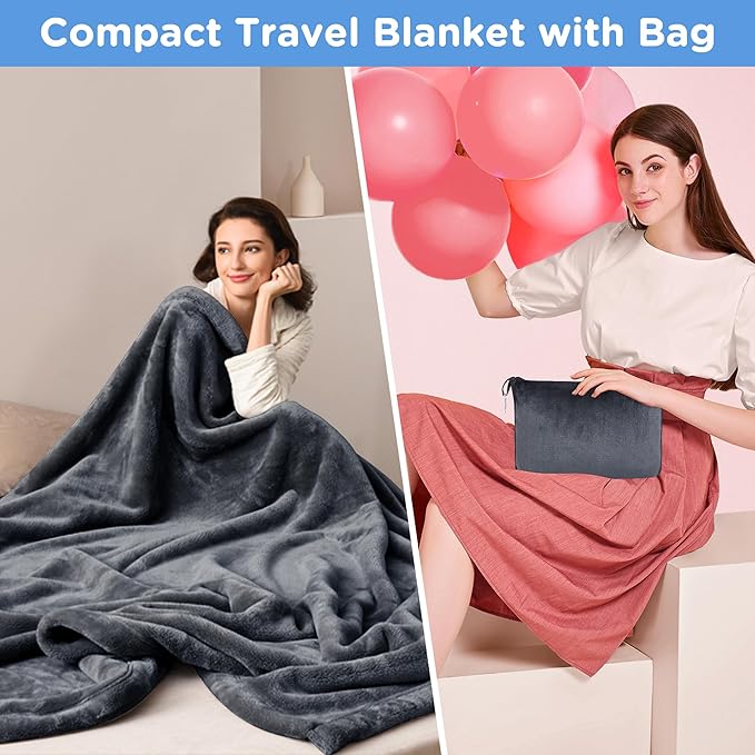 ATsense Travel Blanket Pillow, Premium 2 in 1 Soft Airplane Blanket Compact with Bag Pillowcase, Hand Luggage Sleeve and Backpack Clip - Travel Essentials for Long Trips, Flying and Car, Dark Grey