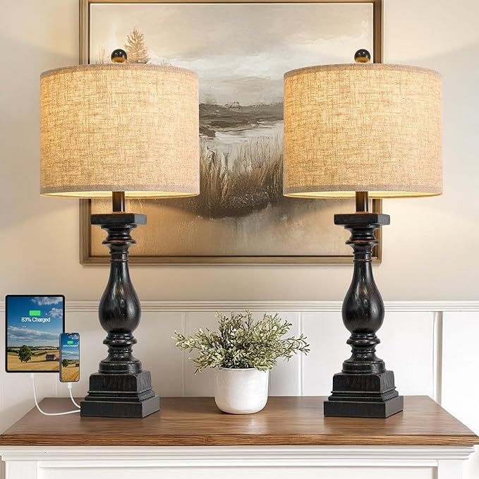 BOBOMOMO 27" Farmhouse Table Lamp Set of 2 with USB A+C for Bedroom Living Room Vintage Rustic Traditional Nightstand Bedside Lamps Retro Side Table Lamps (Black)
