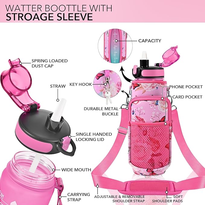 32 oz Water Bottles with Straw & Strap, Motivational Water Bottles with Times to Drink, BPA Free Reusable Sports Water Bottle with Sleeve Carrier for Gym, Workout or Fitness (Butterfly in Love)
