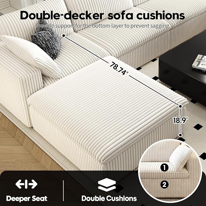 118" Cloud Couch Modular Sectional Sofa for Living Room,Modern Sofa with Deep Seat，L-Shape Boneless Couch with Ottoman,Comfy Upholstered Corduroy Couches for Apartment, Studio, Office,Bedroom，White
