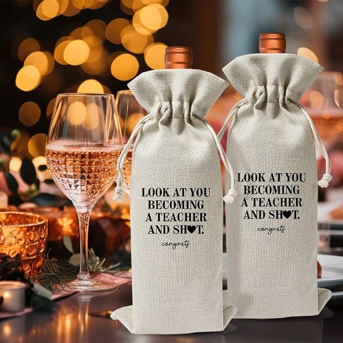 Becoming a Teacher Wine Bag, Be Given To Friends Classmates Teachers' Day Gift Brothers And Sister, New Teacher Party Decoration, Drawstring Burlap Wine Bag