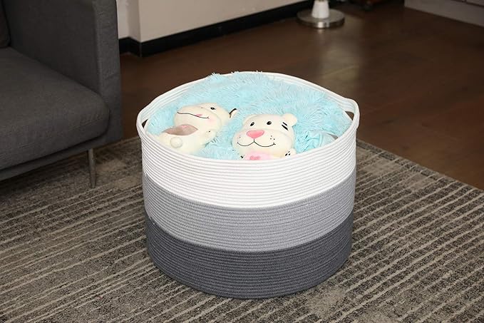 24" x 24" x 17" Max Size Large Cotton Rope Basket, Extra Large Storage Basket, Woven Laundry Hamper, Cloth Storage Bin, for Blankets Clothes Towels Pillows in Living Room, Grey/Dark Grey