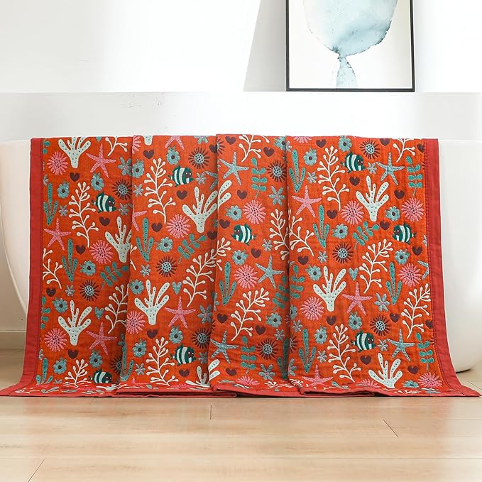 Boho Throw Blanket 80''x90'',100% Cotton Blankets for Couch Bed,Cotton Quilt Travel Muslin Blankets Farmhouse Home Decor Soft Lightweight Picnic Blanket