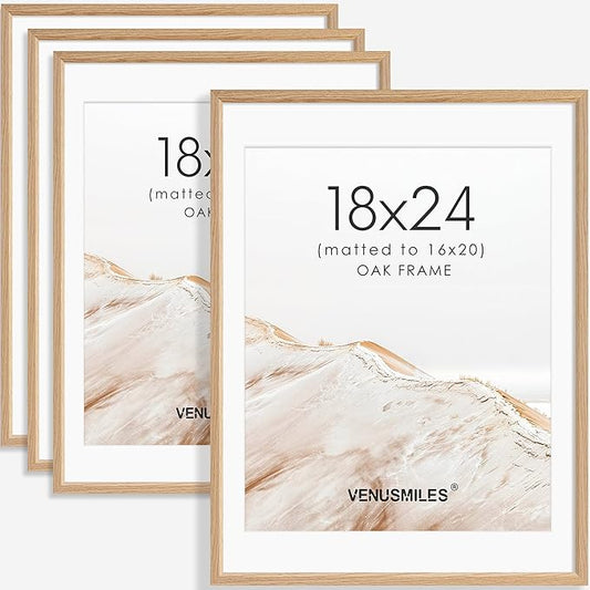 18x24 Poster Frame Set of 4 Natural Solid Oak Photo Frames with 16x20 Removable Mat Wall Hanging Large Handcrafted Frame with HD Plexiglass Wall and Tabletop Display Large Picture Frame