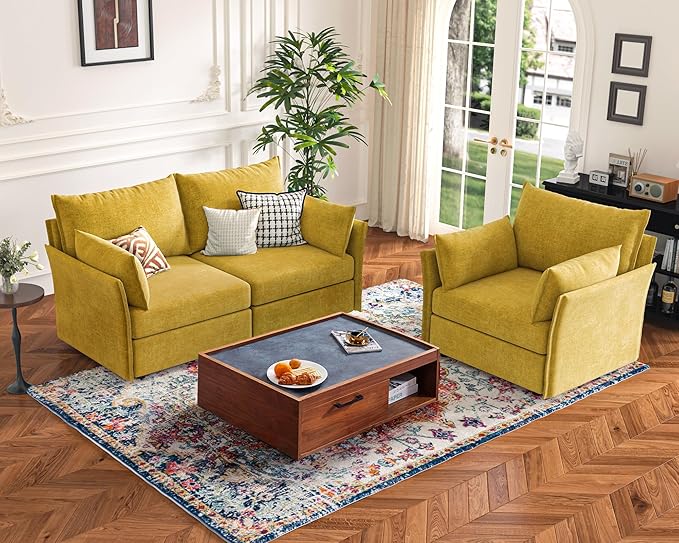 102.6" Modular Sectional Sofa, Oversized 3-Seater Couch with Removable Yellow Chenille Fabric Cover, Deep Seat & High Backrest for Living Room, Office & Apartment